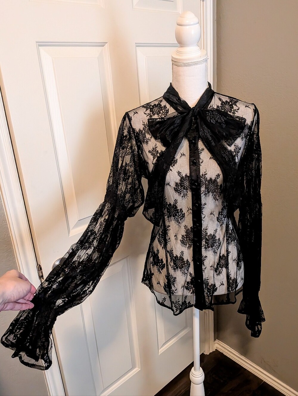 Marciano Macabre Black Sheer Lace Bow Blouse